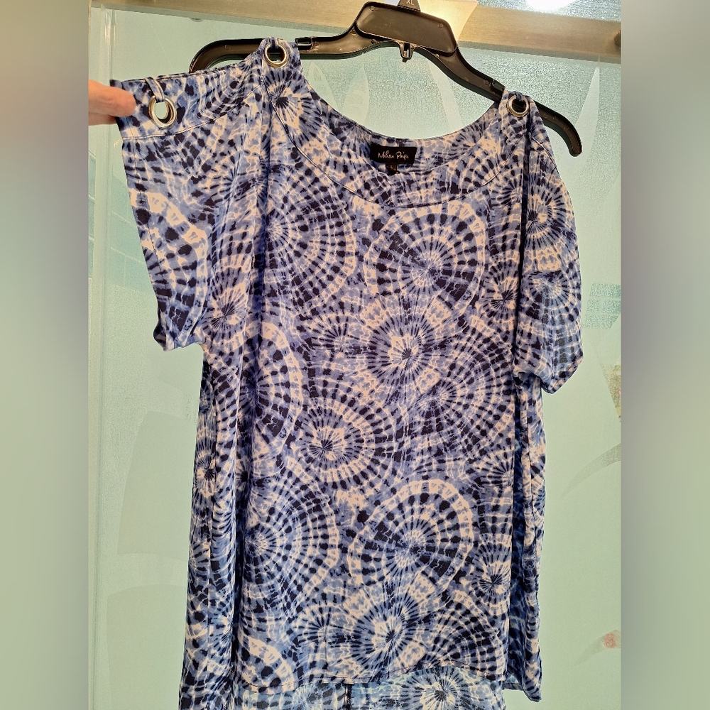 Melissa Paige Blue Tie-Dye Cold-Shoulder Top with Grommets
